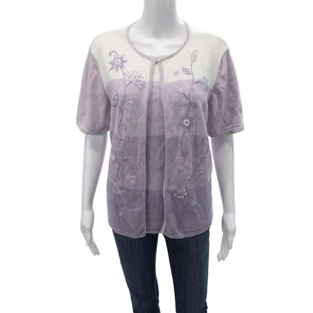 Alfred Dunner Women Floral Ramie Cardigan Short Sleeve Button Size L